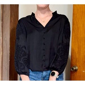 Rachel Zoe Black Blouse with Embroidered Sleeves